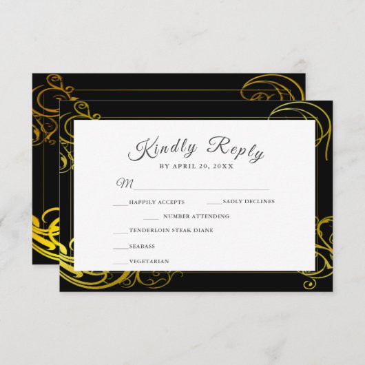 Elegant Black Gold Curls Wedding Dinner Choice RSVP Kaartje (Voorkant / Achterkant)