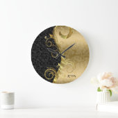 Elegant Black Gold Damascus Gold Swirls Grote Klok (Huis)