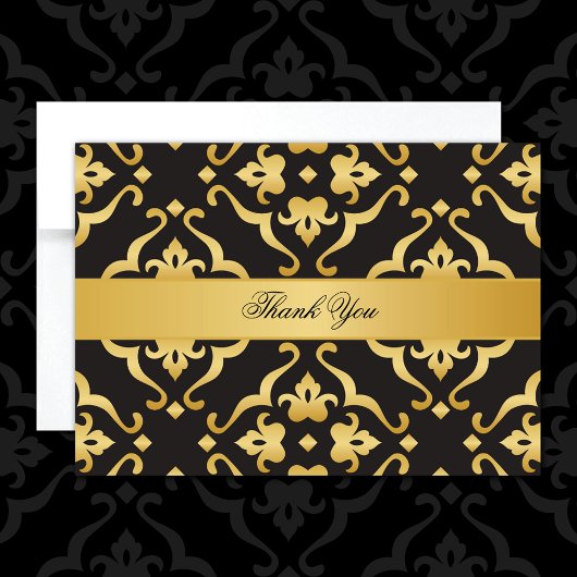 Elegant Black & Gold Damask Bedankkaart