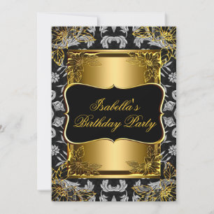 Elegant Black Gold Damask Brocade Birthday Party 2 Kaart