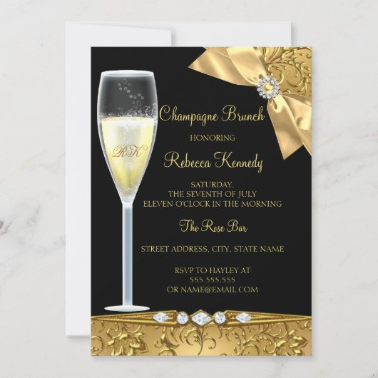 Elegant Black Gold Damask Champagne Brunch Invite Kaart (Voorkant)