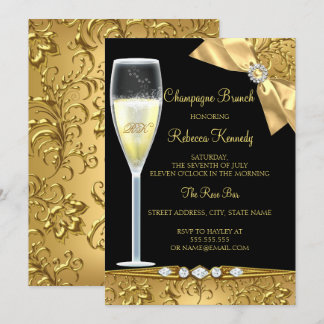 Elegant Black Gold Damask Champagne Brunch Invite Kaart