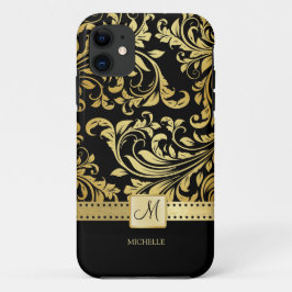 Elegant Black & Gold Damask met monogram iPhone 11 Hoesje
