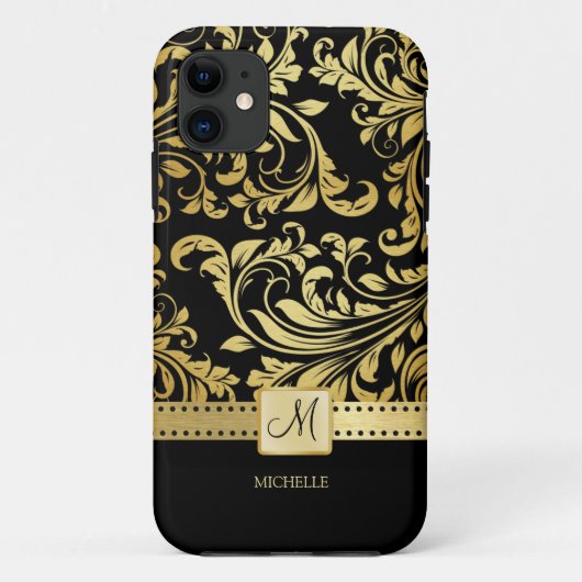 Elegant Black & Gold Damask met monogram Case-Mate iPhone Case (Achterkant)