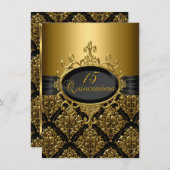 Elegant Black Gold Damask Quinceanera Invite Kaart (Voorkant / Achterkant)
