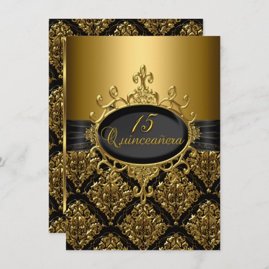 Elegant Black Gold Damask Quinceanera Invite Kaart (Voorkant / Achterkant)