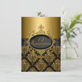 Elegant Black Gold Damask Quinceanera Invite Kaart (Staand voorkant)