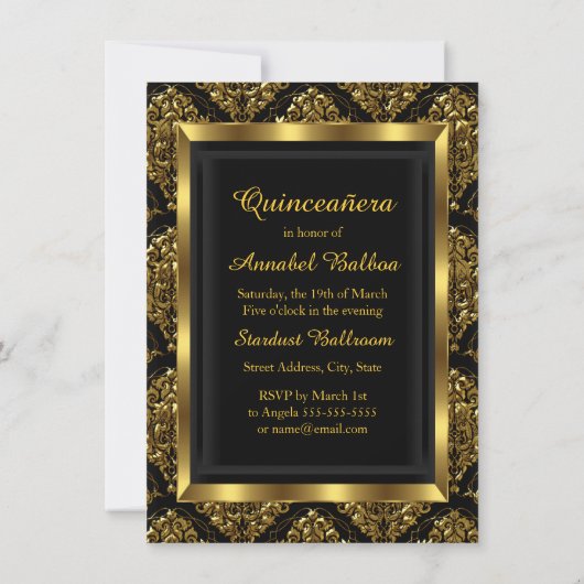 Elegant Black Gold Damask Quinceanera Invite Kaart (Achterkant)