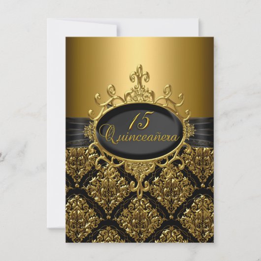 Elegant Black Gold Damask Quinceanera Invite Kaart (Voorkant)