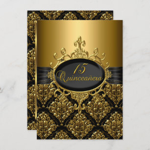 Elegant Black Gold Damask Quinceanera Invite Kaart