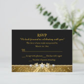 Elegant Black & Gold Damask RSVP Kaart (Staand voorkant)