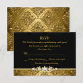 Elegant Black & Gold Damask RSVP Kaart (Voorkant / Achterkant)