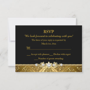 Elegant Black & Gold Damask RSVP Kaart