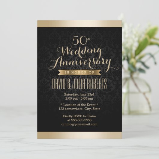 Elegant Black & Gold Damask Wedding Jubileum Kaart (Staand voorkant)