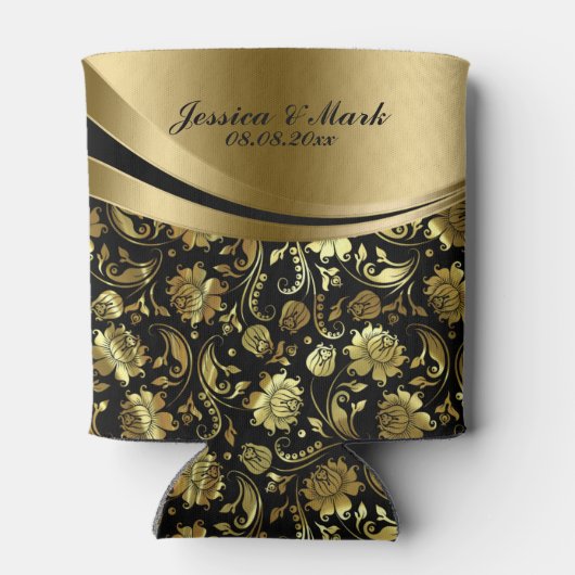 Elegant Black & Gold Damkers Decorative Stripes Blikjeskoeler (Achterkant)