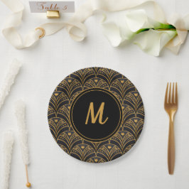 Elegant Black Gold Deco Art Patroonmonogram Papieren Bordje