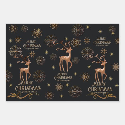 Elegant Black & Gold Deer Custom Christmas Inpakpapier Vel (Voorkant)