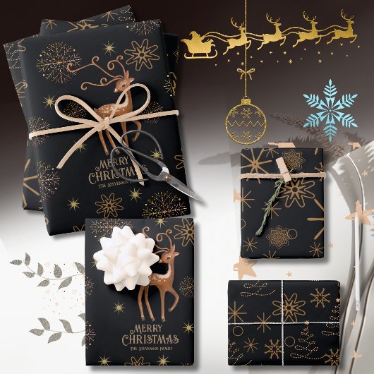 Elegant Black & Gold Deer Custom Christmas Inpakpapier Vel