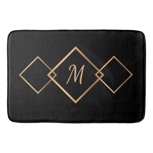Elegant Black Gold Diamond Geometric Monogram Badmat (Voorkant)