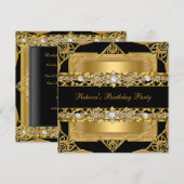 Elegant Black Gold Diamond Jewel Birthday Party Kaart (Voorkant / Achterkant)