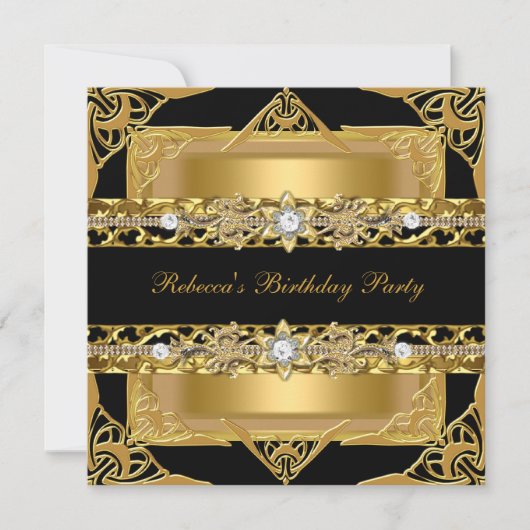 Elegant Black Gold Diamond Jewel Birthday Party Kaart (Voorkant)