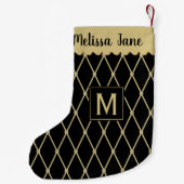 Elegant Black Gold Diamond Pattern Monogram Kleine Kerstsok (Achterkant)