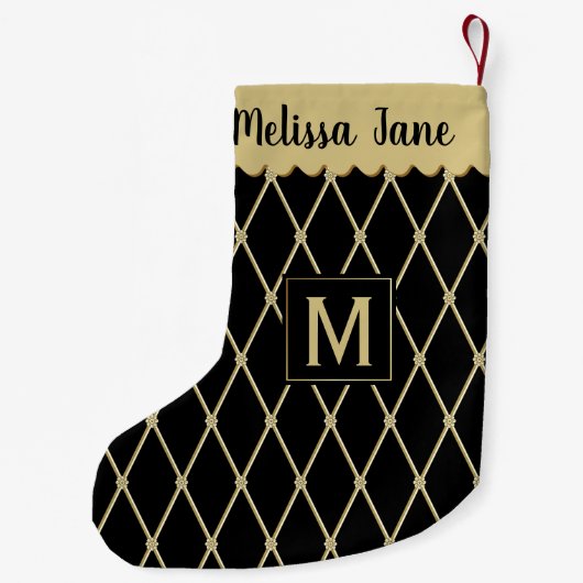 Elegant Black Gold Diamond Pattern Monogram Kleine Kerstsok (Achterkant)