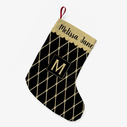 Elegant Black Gold Diamond Pattern Monogram Kleine Kerstsok (Voorkant (Hangend))