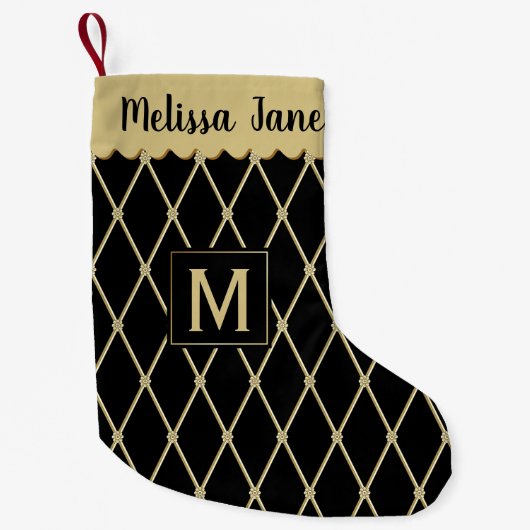 Elegant Black Gold Diamond Pattern Monogram Kleine Kerstsok (Voorkant)