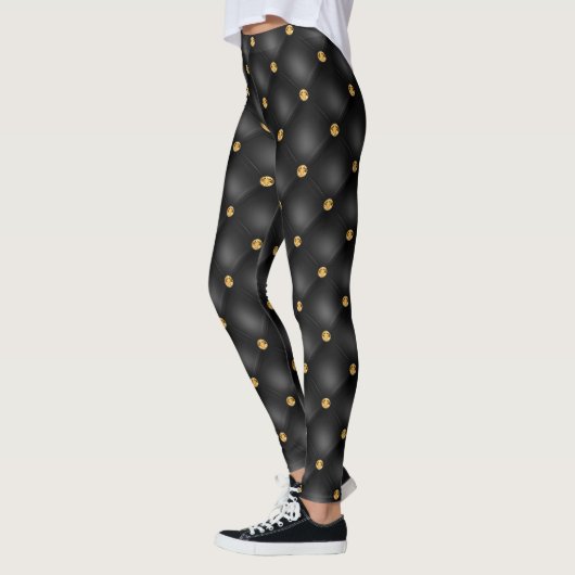 Elegant Black Gold Diamond Tufed Leather Leggings (Links)
