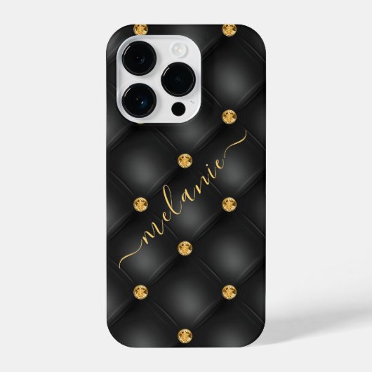 Elegant Black Gold Diamond Tufted Luxury Jouw naam iPhone Hoesje (Achterkant)