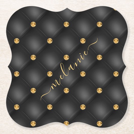 Elegant Black Gold Diamond Tufted Luxury Jouw naam Kartonnen Onderzetters (Voorkant)