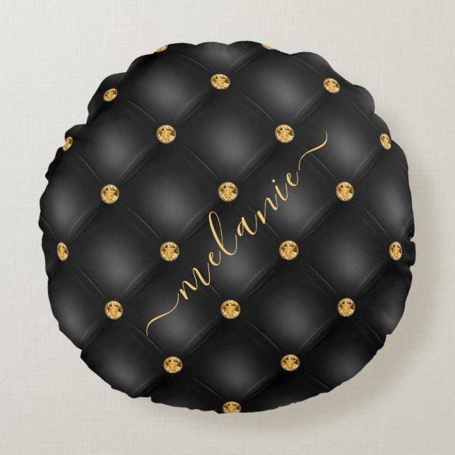 Elegant Black Gold Diamond Tufted Luxury Jouw naam Rond Kussen (Voorkant)