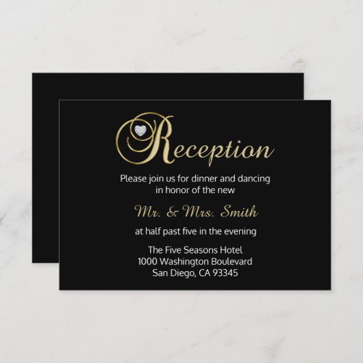 Elegant Black Gold Diamond Wedding Reception Card Informatiekaartje (Voorkant / Achterkant)