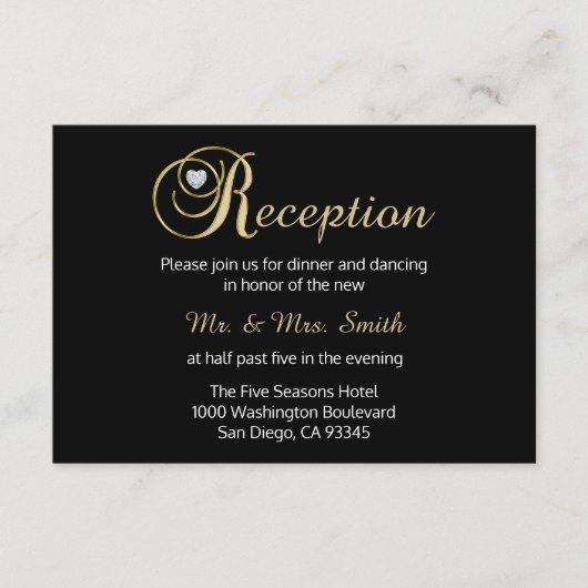 Elegant Black Gold Diamond Wedding Reception Card Informatiekaartje (Voorkant)