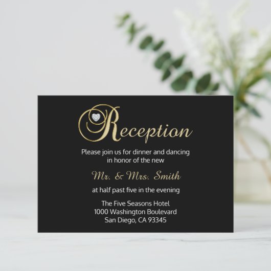Elegant Black Gold Diamond Wedding Reception Card Informatiekaartje (Staand voorkant)