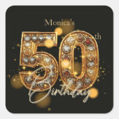 Elegant Black Gold Diamonds Jewel 50th Birthday Vierkante Sticker (Voorkant)