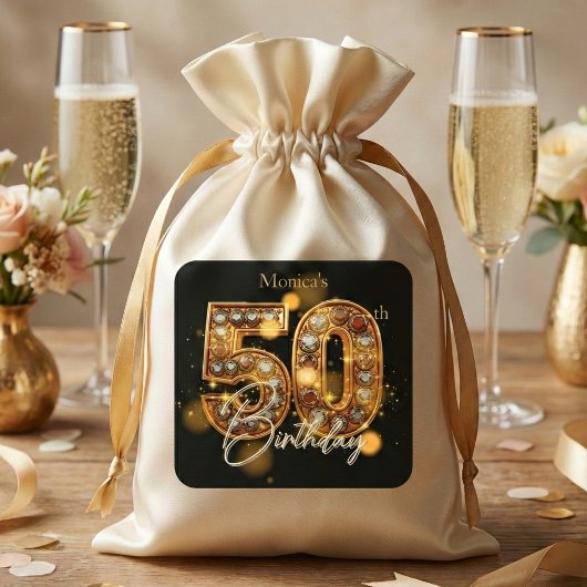 Elegant Black Gold Diamonds Jewel 50th Birthday Vierkante Sticker