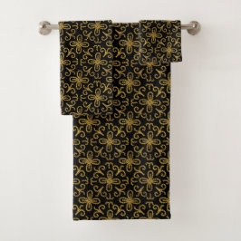 Elegant Black Gold Dotted Flower Tile Pattern Bad Handdoek
