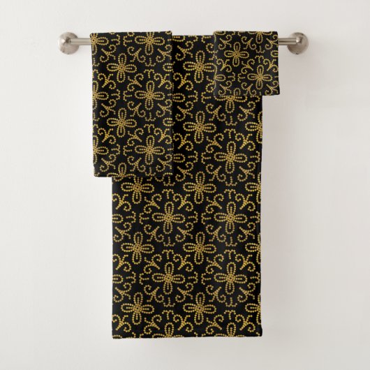 Elegant Black Gold Dotted Flower Tile Pattern Bad Handdoek (Insitu)