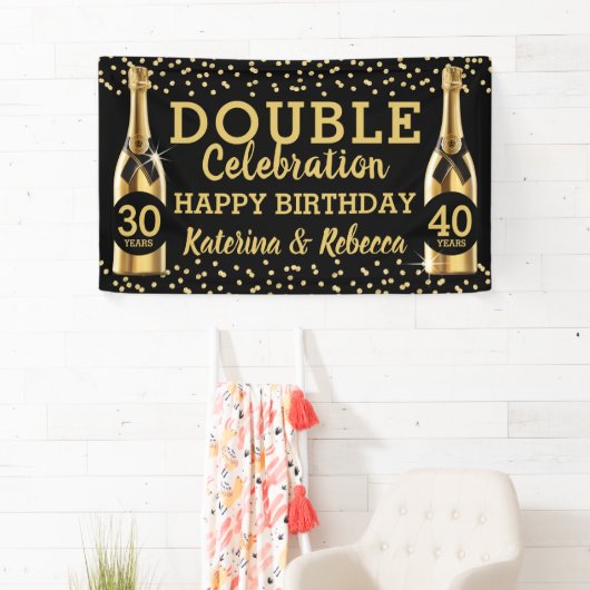 Elegant Black & Gold Double Birthday Party Spandoek (Insitu)