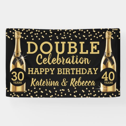 Elegant Black & Gold Double Birthday Party Spandoek (Horizontaal)