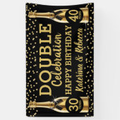 Elegant Black & Gold Double Birthday Party Spandoek (Verticaal)