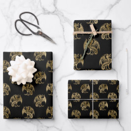 Elegant Black Gold Dragon Wrapping Paper Sheets