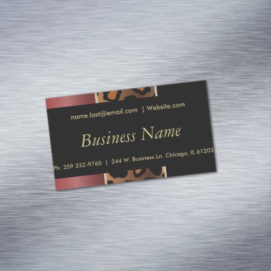 Elegant Black, Gold en Garnet Red Leopard Stripes Visitekaartje Magneet (Voorbeeld)