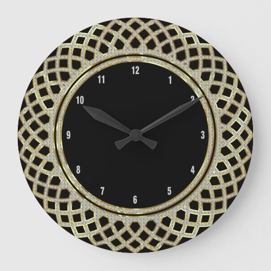Elegant Black Gold en Glitter Geometric Pattern Grote Klok (Voorkant)