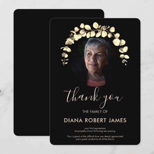 Elegant Black Gold Eucalyptus Fotosympathie Bedankkaart (Voorkant / Achterkant)