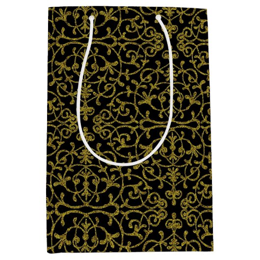 Elegant Black & Gold Filigree Pattern Medium Cadeauzakje (Voorkant)