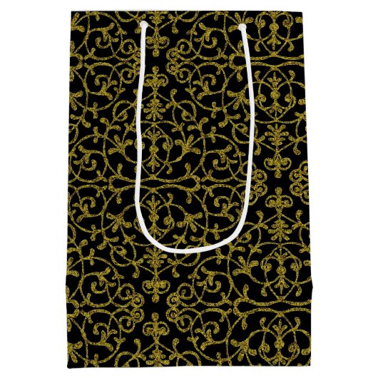 Elegant Black & Gold Filigree Pattern Medium Cadeauzakje (Achterkant)