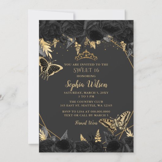 Elegant Black Gold Floral Butterfly lief 16 Kaart (Voorkant)